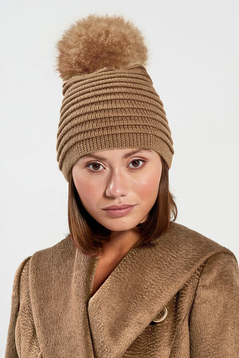 Adult Ribbed Hat With Oversized Fur Pompon