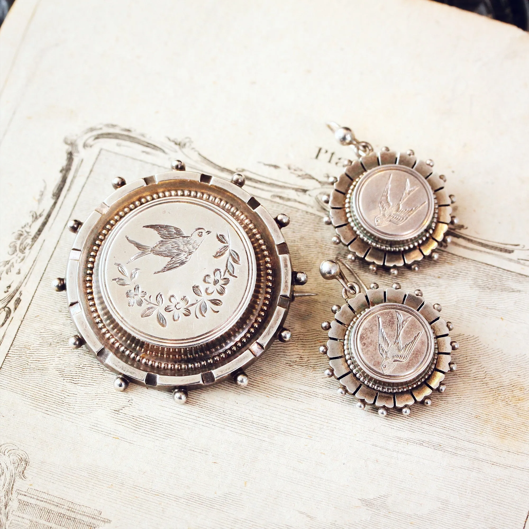 Antique Victorian Silver Set of Earrings & Brooch