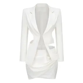 Asymmetric Ruched Cutout Peak Lapel Open Front Blazer Matching Set