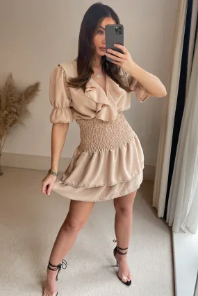 Beige Frill Shirred Mini Dress