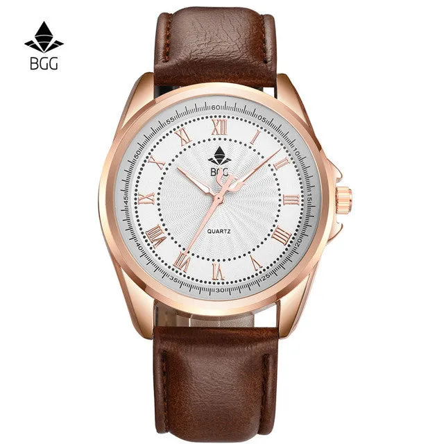 Bgg Brand Hot Selling Ripple Mens Watches Business Waterproof Roman Number Quartz Watch Men Genuine Leather Casual  Watch Clock