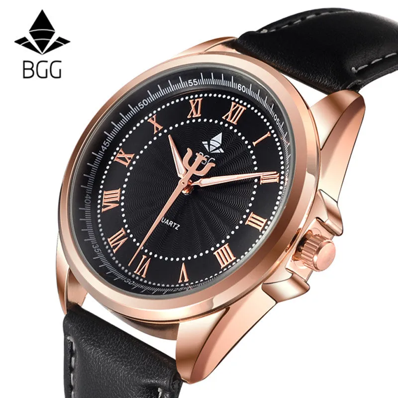 Bgg Brand Hot Selling Ripple Mens Watches Business Waterproof Roman Number Quartz Watch Men Genuine Leather Casual  Watch Clock