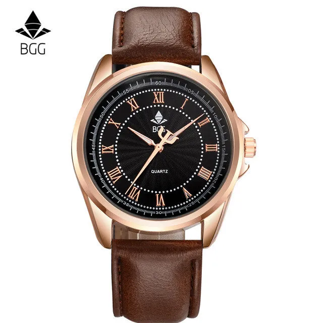 Bgg Brand Hot Selling Ripple Mens Watches Business Waterproof Roman Number Quartz Watch Men Genuine Leather Casual  Watch Clock