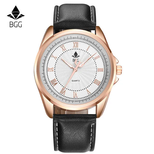 Bgg Brand Hot Selling Ripple Mens Watches Business Waterproof Roman Number Quartz Watch Men Genuine Leather Casual  Watch Clock