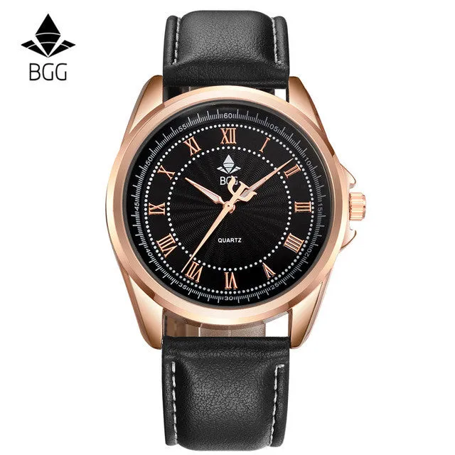 Bgg Brand Hot Selling Ripple Mens Watches Business Waterproof Roman Number Quartz Watch Men Genuine Leather Casual  Watch Clock