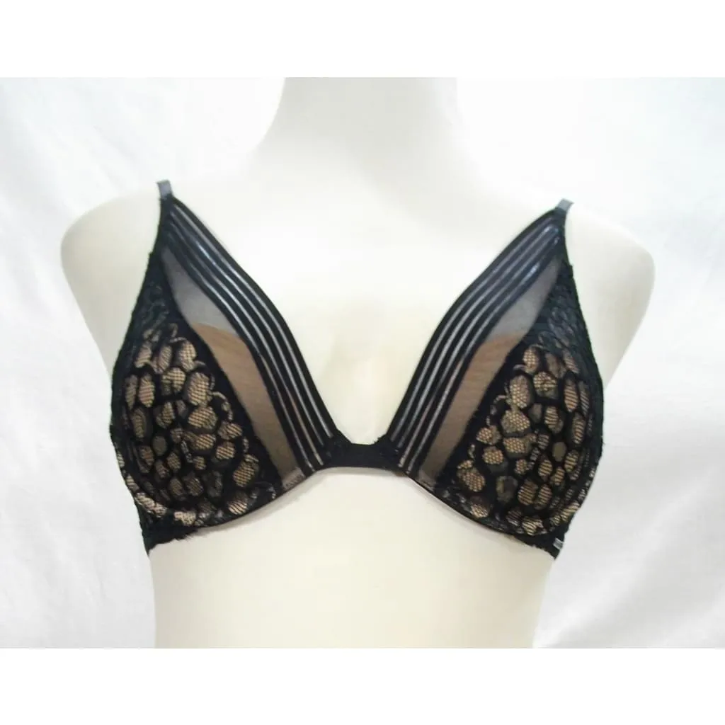 Calvin Klein QF4061 Vixen Molded Lace UW Bra 34B & Vixen Striped Lace Thong Set SMALL Black