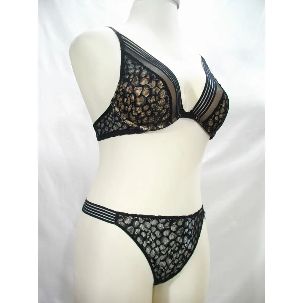 Calvin Klein QF4061 Vixen Molded Lace UW Bra 34B & Vixen Striped Lace Thong Set SMALL Black