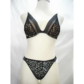 Calvin Klein QF4061 Vixen Molded Lace UW Bra 34B & Vixen Striped Lace Thong Set SMALL Black