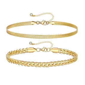 Dainty 14k Gold Plated Layering Anklets Bracelets Set-Cuban & Snake