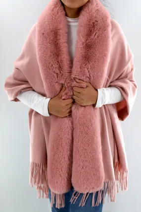 Faux Fur Trim Wrap with Embellishments-Pink