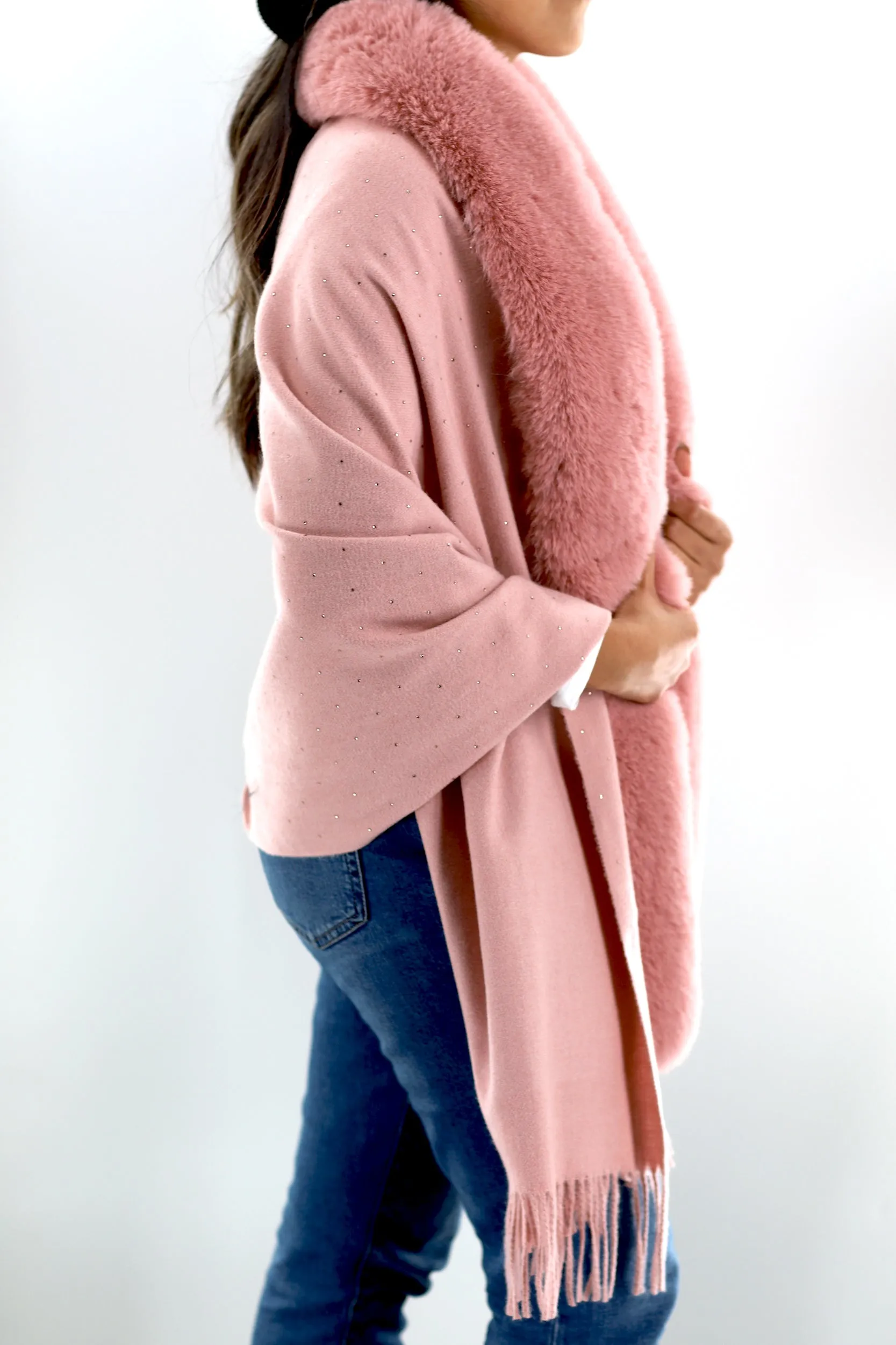 Faux Fur Trim Wrap with Embellishments-Pink