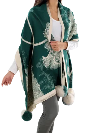 Garden Print Wrap with Fox Fur Poms | Teal/Ivory