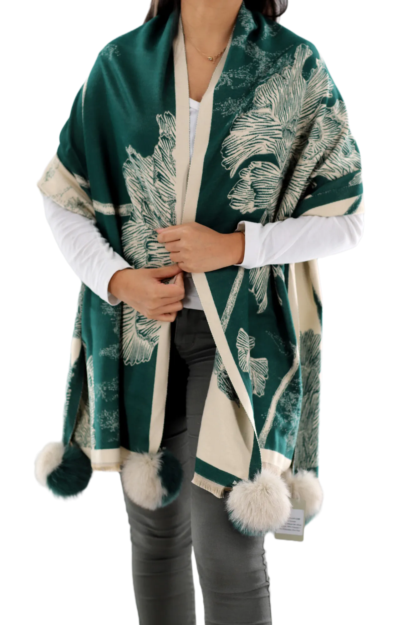 Garden Print Wrap with Fox Fur Poms | Teal/Ivory