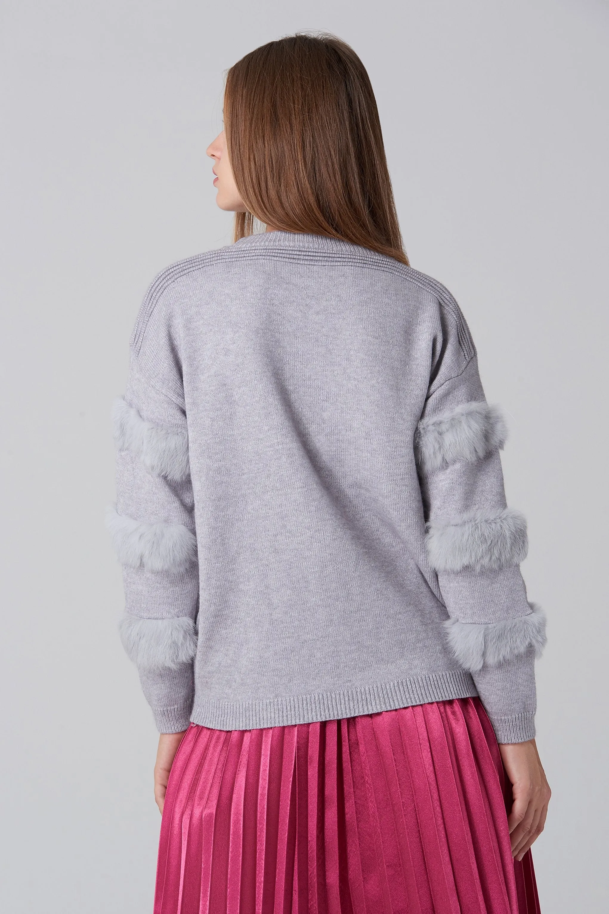 Grey Fur Strip Sleeve Top