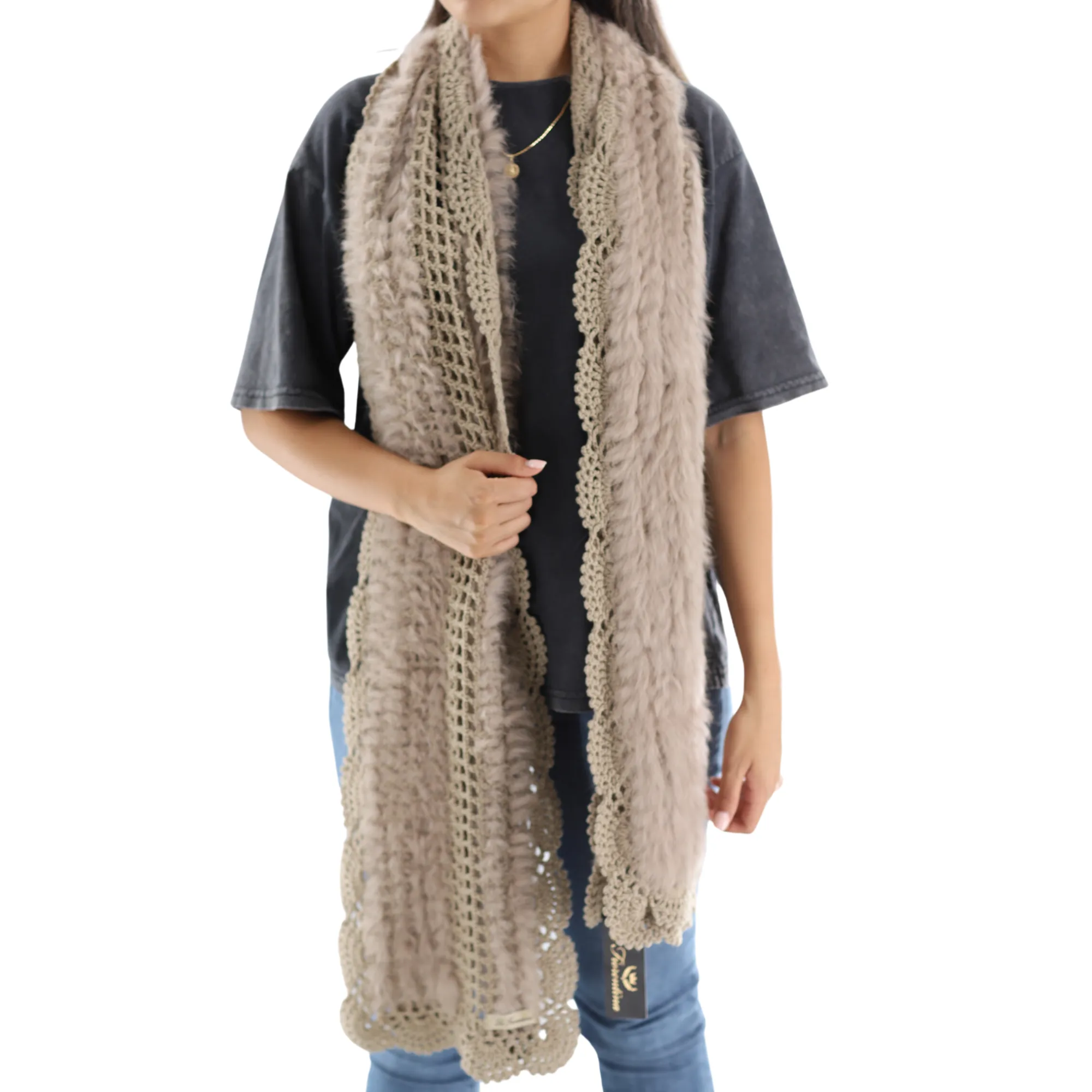 Knit Muffler with Genuine Rabbit Fur - Camel - One Size