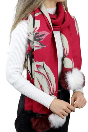 La Fiorentina Garden Print Wrap with Fur Poms - Red/Ivory