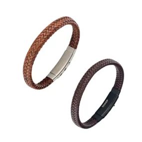 Leather & Stainless Steel Men's Bracelet - Thick Brown Braid Various