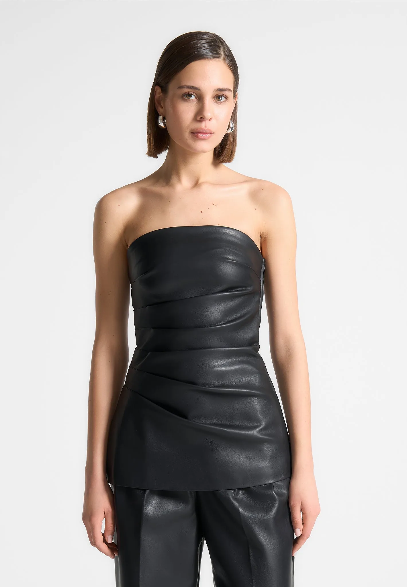 Leather Tacked Longline Bandeau Top - Black