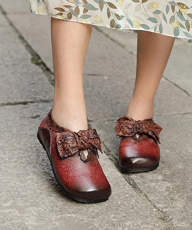 Red Flat Shoes Cowhide Leather Fashion Splicing Flat Shoes