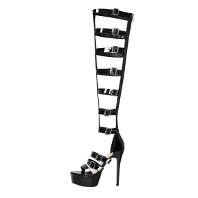 Round Toe Black Over The Knee Stiletto Boots Sandals