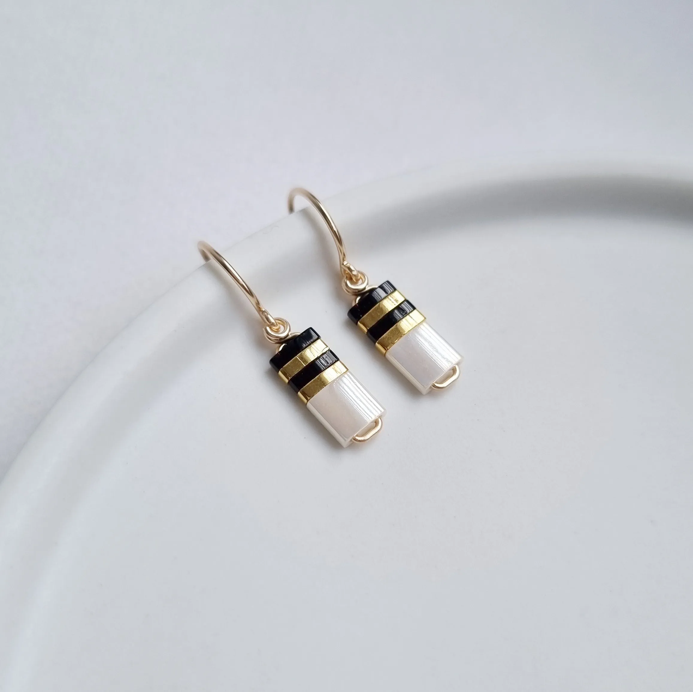 STAK Baby Earrings (Ivory & Black) / Japanese Beads | 14k Gold-filled