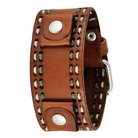 White/Grey Double Stitched Brown Leather Cuff